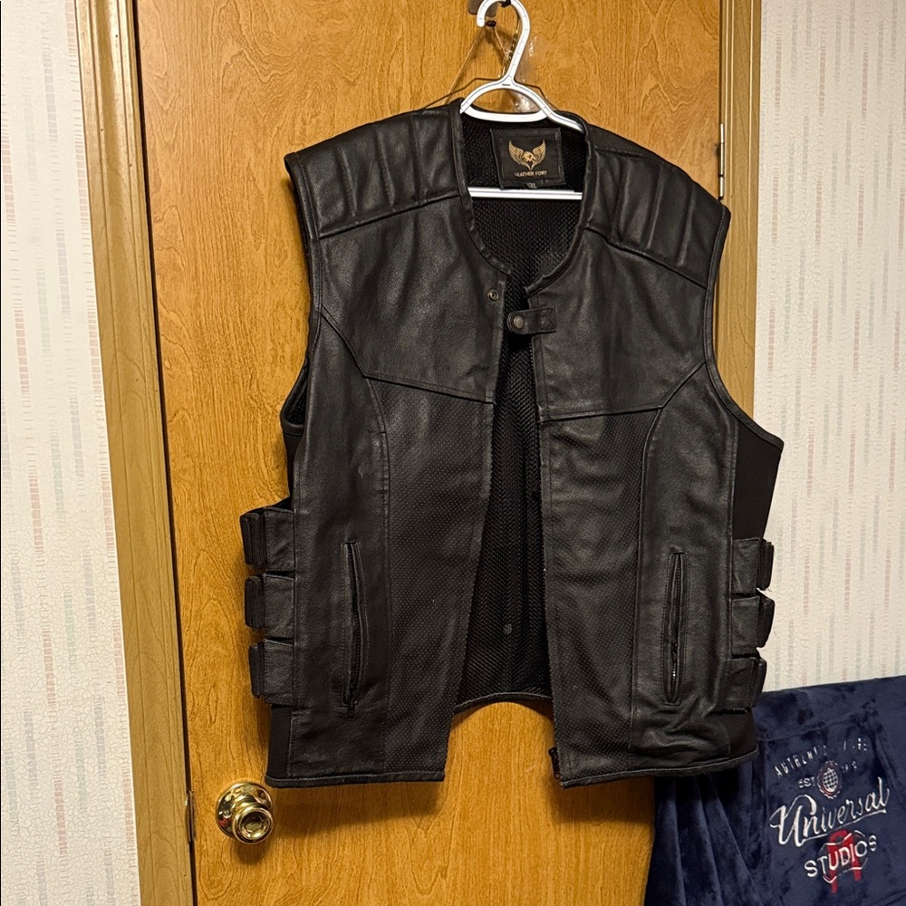 Men's Black Leather Vest with Side Straps